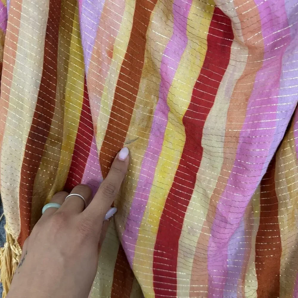 Farm Rio Wrap Shawl Coverup Sarong One Size Yellow Floral Stripe Fringe Boho